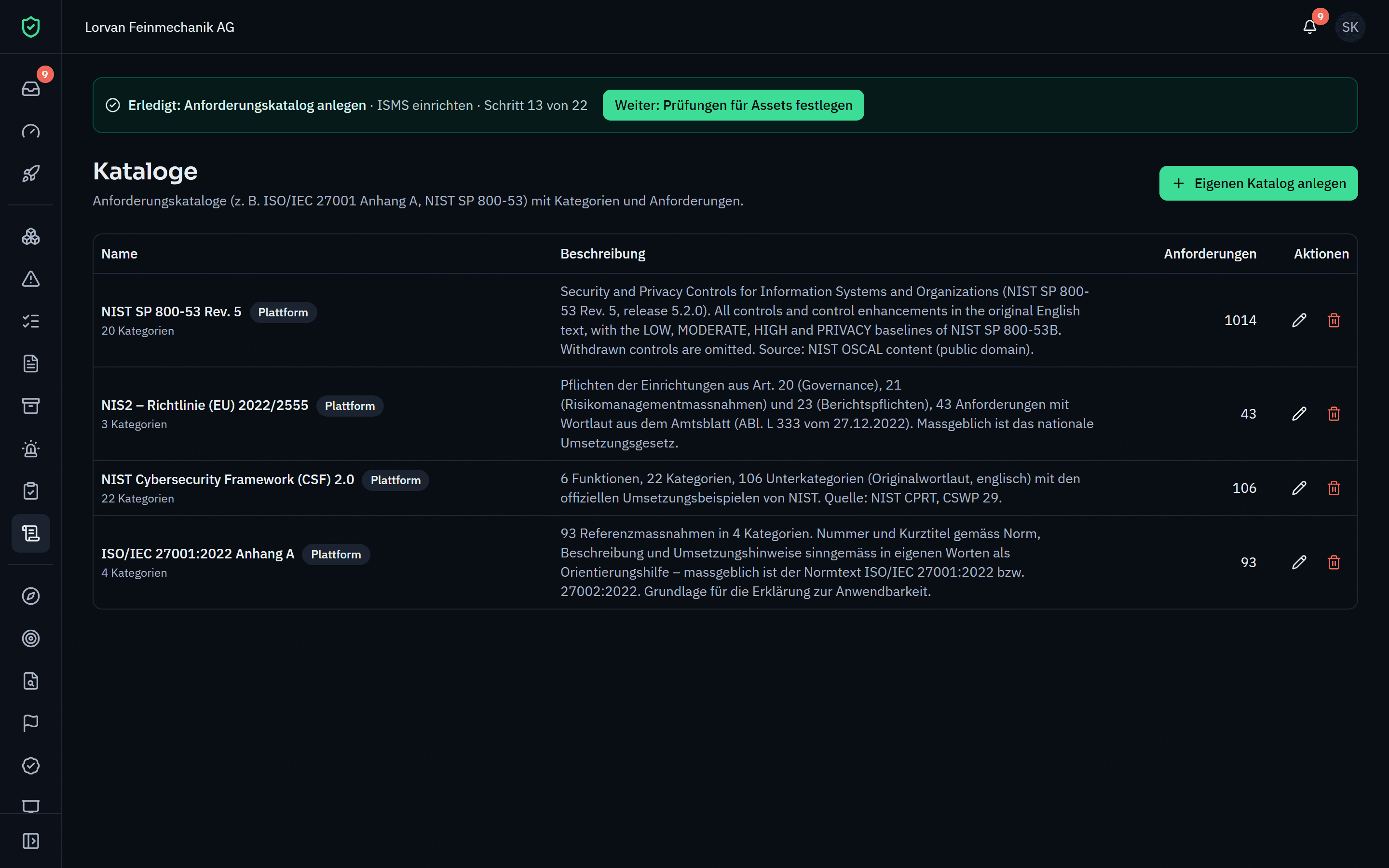 Übersicht der Anforderungskataloge ISO/IEC 27001 Anhang A, NIST CSF 2.0, NIST SP 800-53 und NIS2 mit Umsetzungsstand.