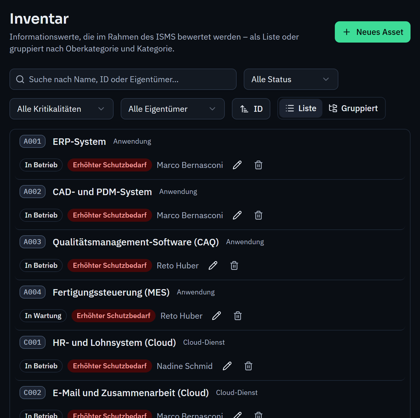 Asset inventory with search and filters: applications such as the ERP and CAD systems and cloud services, each with status, protection requirements and owner.
