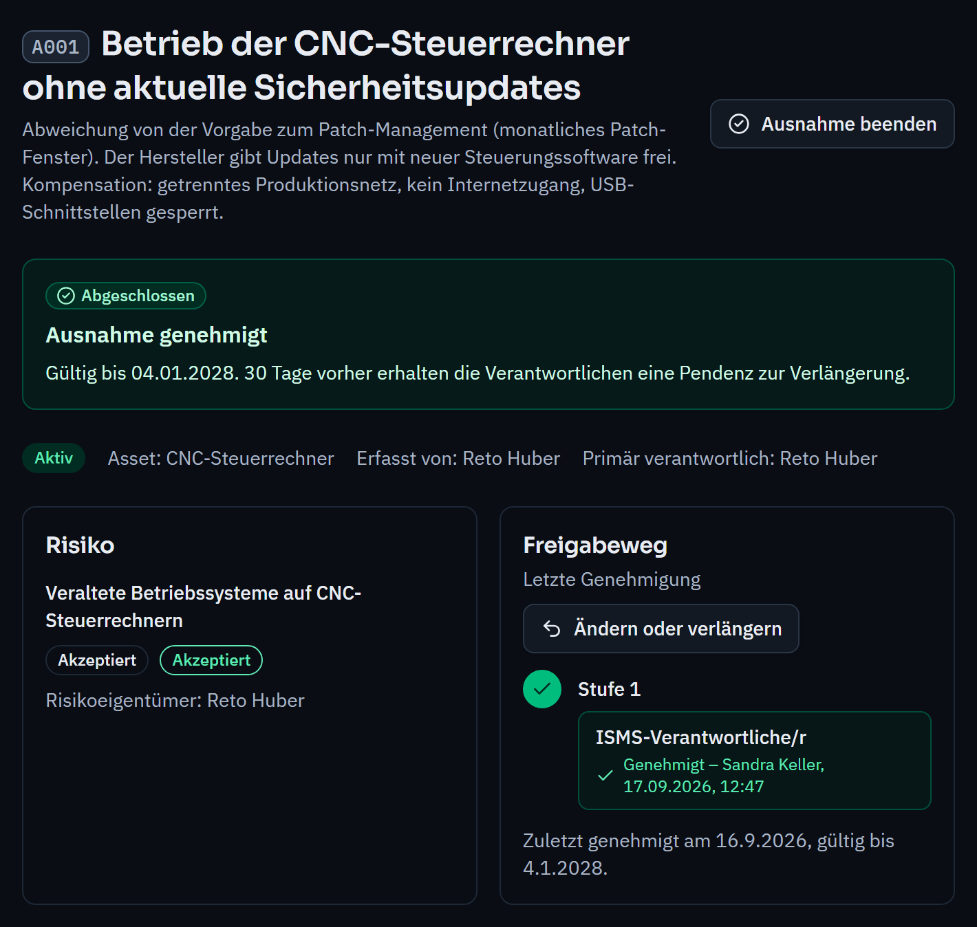Approved exception “Operating the CNC control computers without current security updates”: valid-until date, linked risk with risk owner, and approval workflow with the approval.