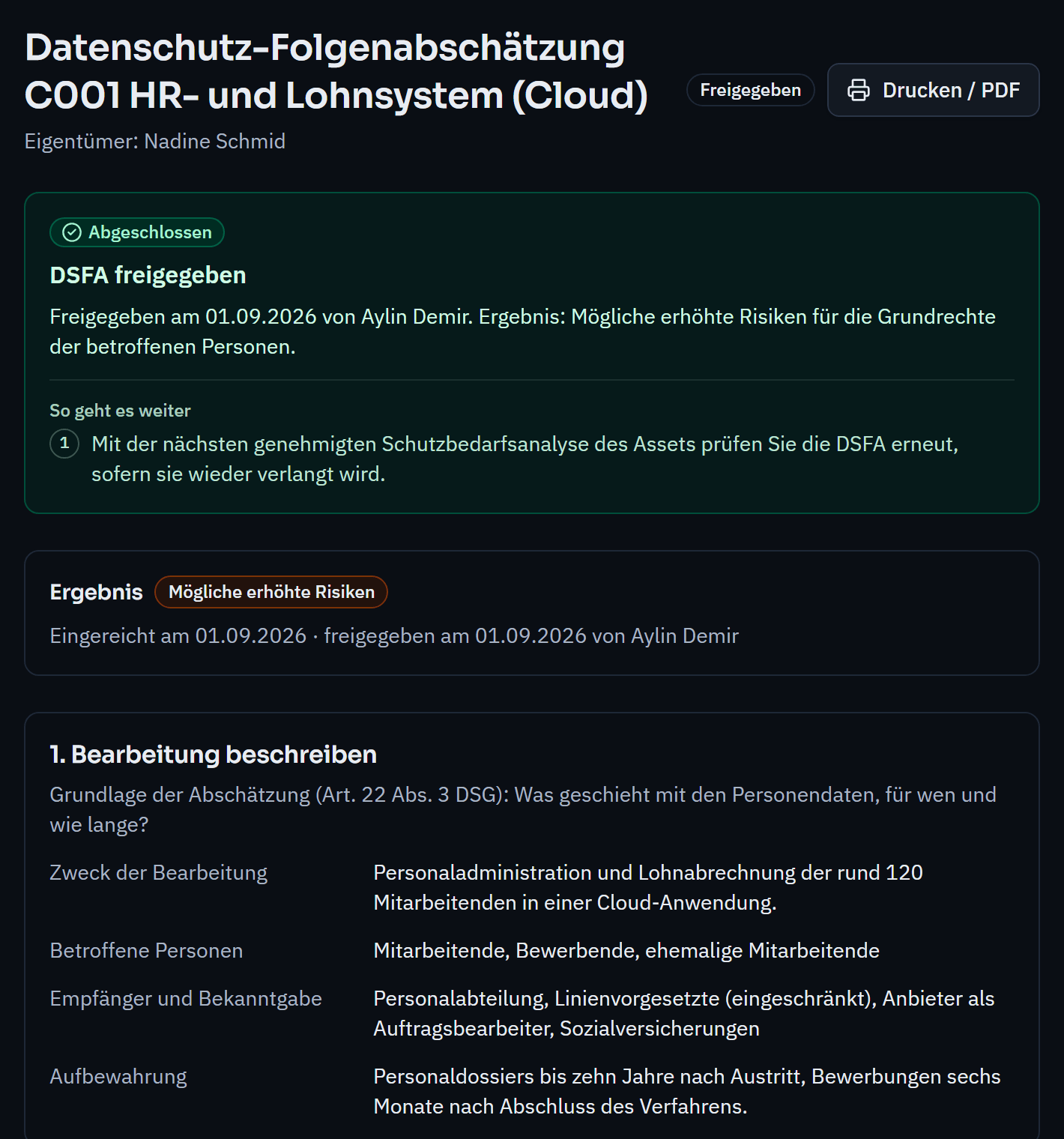 Approved data protection impact assessment of the HR and payroll system with the result “Possible increased risks” and the description of the processing under Art. 22 FADP: purpose, data subjects, recipients and retention.