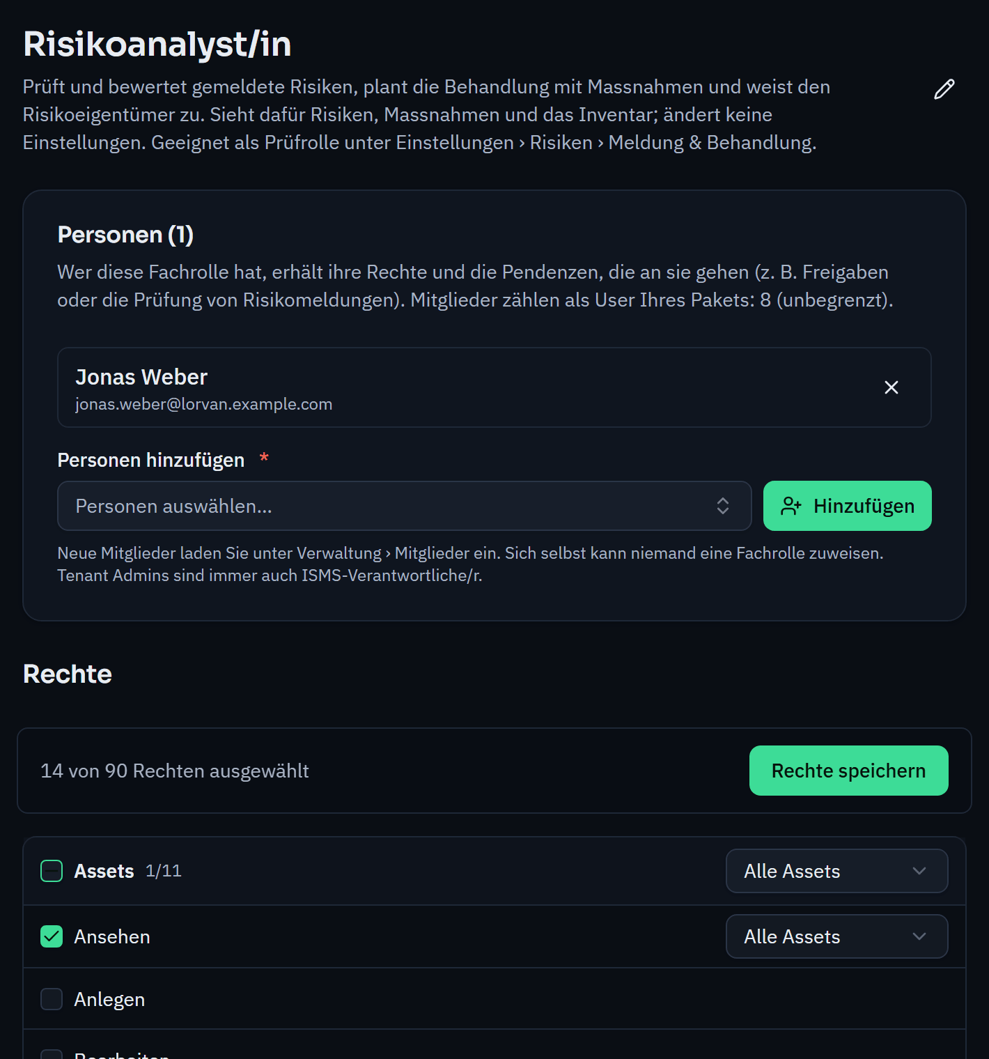 Functional role “Risk analyst” with the assigned person and permissions per area, each for all assets or only for the person’s own assets.
