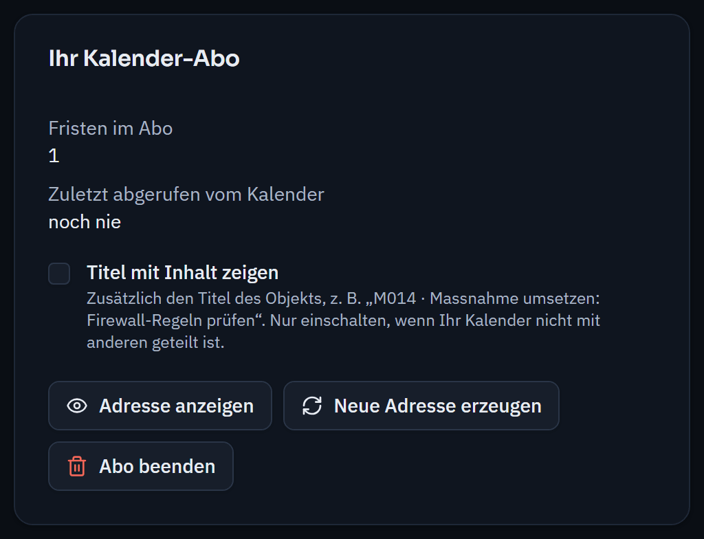 Calendar subscription of the head of production: number of deadlines in the subscription, last retrieval by the calendar, switch “Show titles with content” and buttons to show, renew and end the address.
