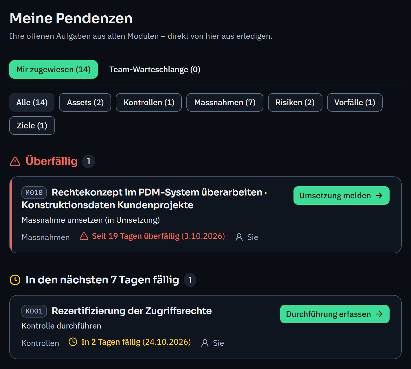 “My tasks” of the head of IT: filter by module and tasks that are due, each with an explanation, due date and button.