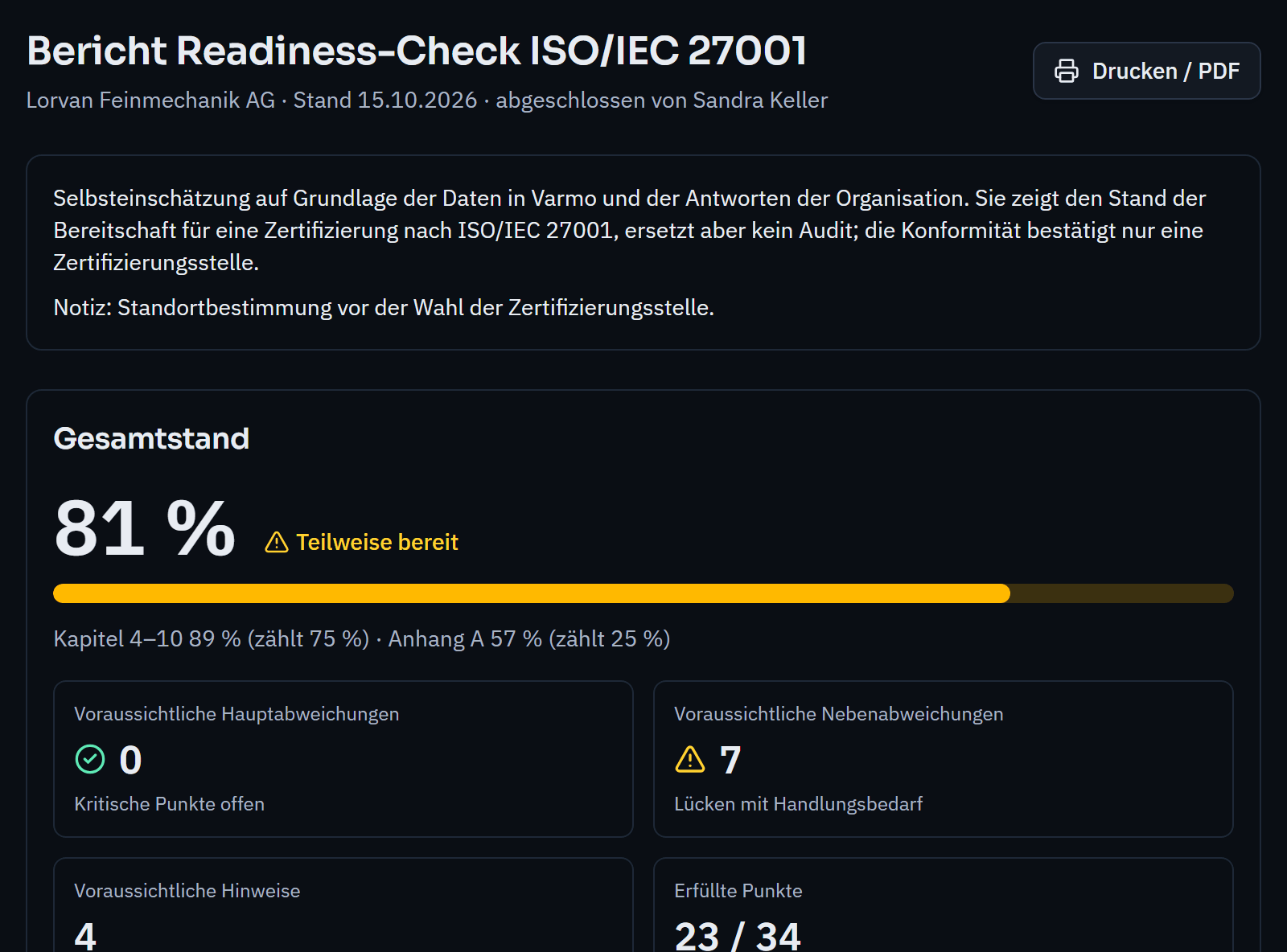 Report of a completed ISO/IEC 27001 readiness check: overall status 81 per cent, partly ready, no expected major nonconformities.