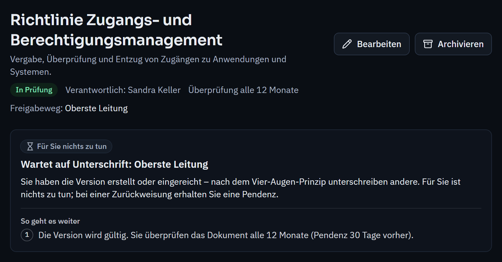 Policy “Access and authorisation management” in review, as seen by the submitter: version 1 is waiting for the signature of top management.