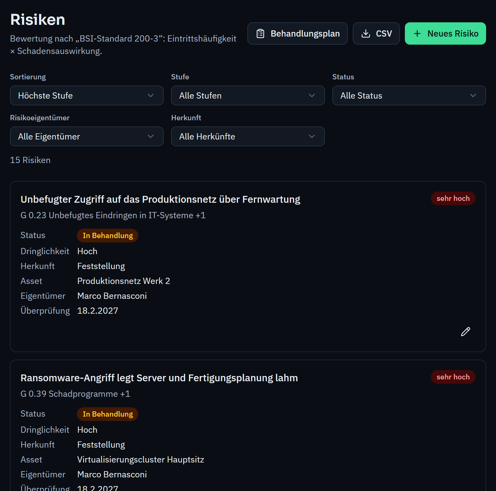 Risk register with level, status, risk owner and date of the next review.