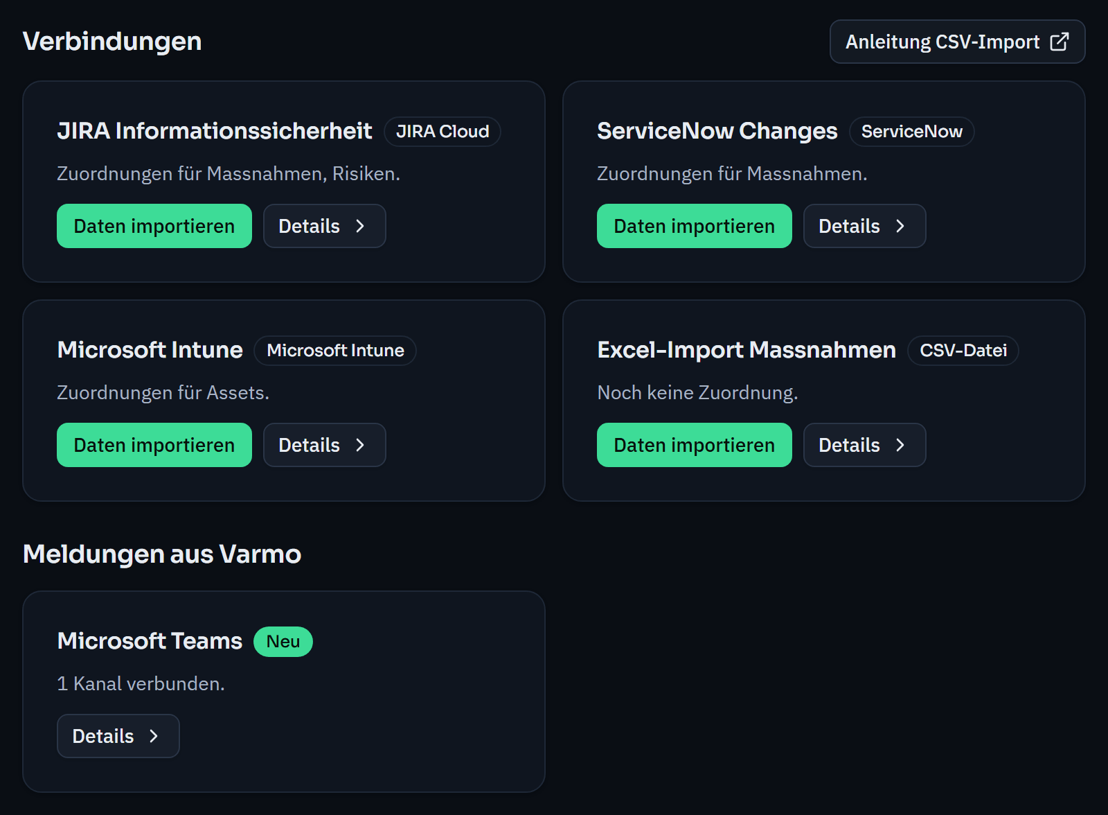 Verwaltung der Schnittstellen: Verbindungen zu JIRA, ServiceNow, Microsoft Intune und CSV-Datei mit ihren Zuordnungen, dazu Meldungen nach Microsoft Teams.