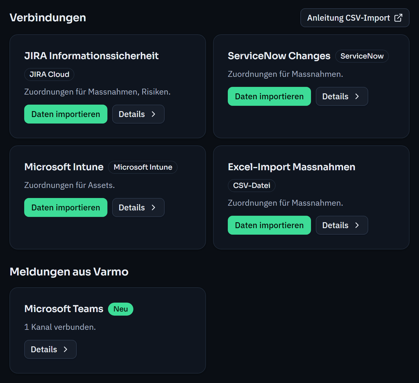 Integration settings: connections to JIRA, ServiceNow, Microsoft Intune and a CSV file with their mappings, plus notifications to Microsoft Teams.
