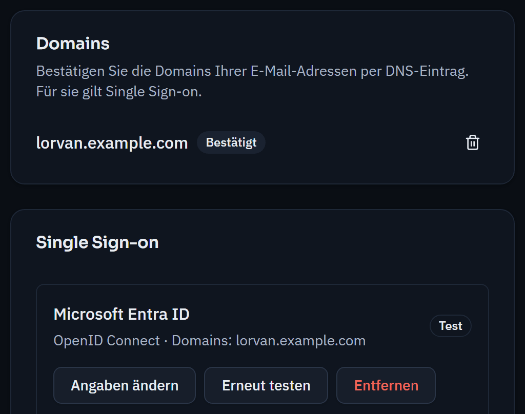 Sign-in and security: domain lorvan.example.com verified and sign-in service Microsoft Entra ID via OpenID Connect in test mode, with the buttons to change, test again and remove.