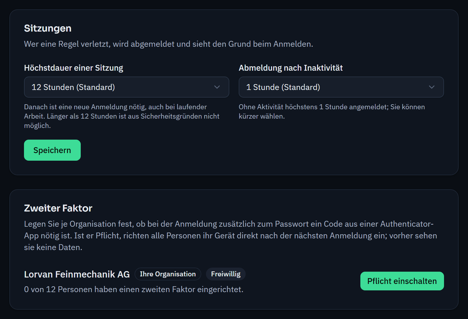 Sign-in settings: maximum session duration, sign-out after inactivity and a switch to make the second factor mandatory for the organisation.