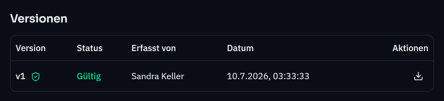 Versions of a piece of evidence: version 1 with the status “Valid”, the person who recorded it, the date and the shield icon noting that the file was scanned for malware.