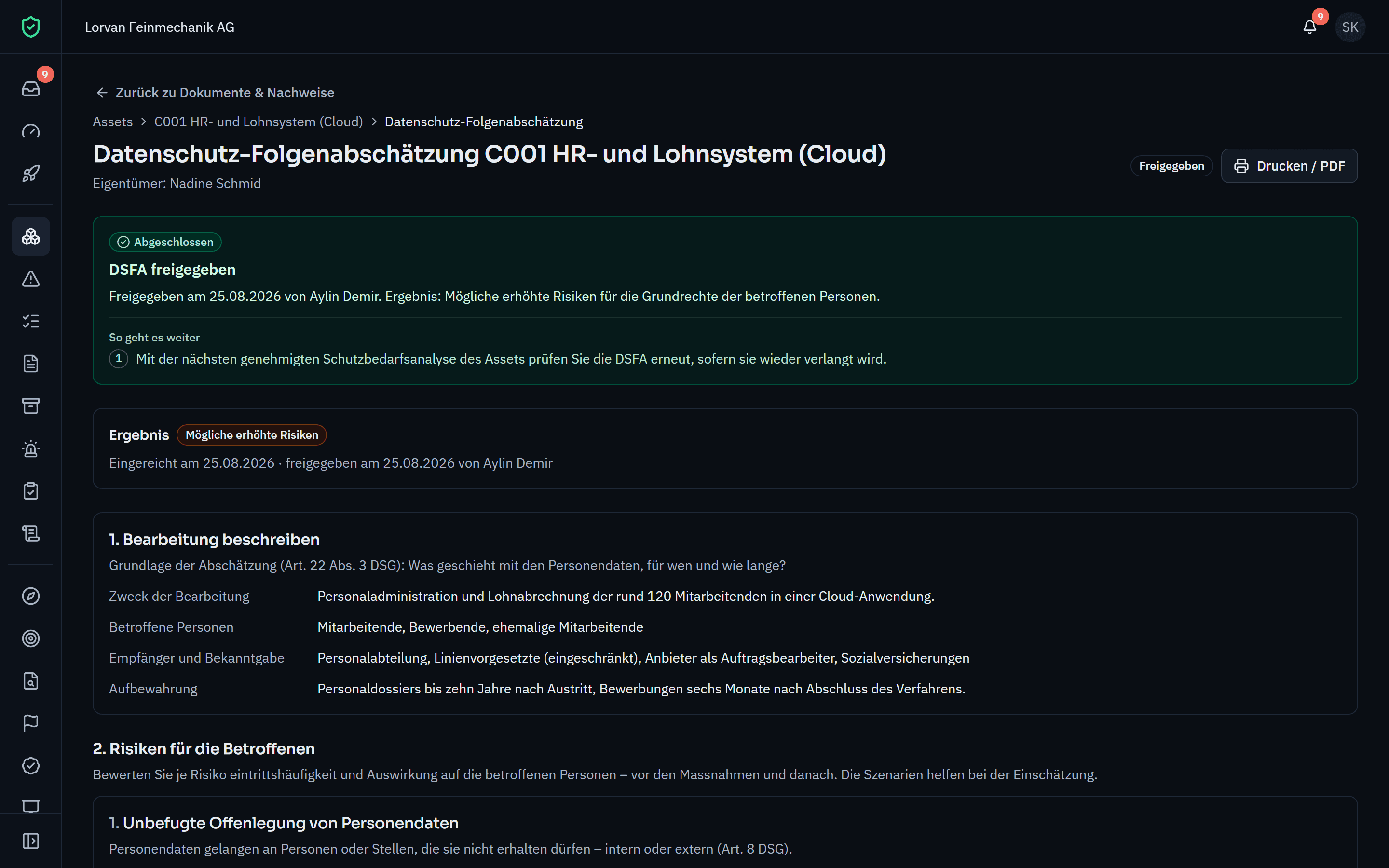 Freigegebene Datenschutz-Folgenabschätzung des HR- und Lohnsystems mit Ergebnis „Mögliche erhöhte Risiken“, Beschreibung der Bearbeitung nach Art. 22 DSG und Risiken für die Betroffenen.