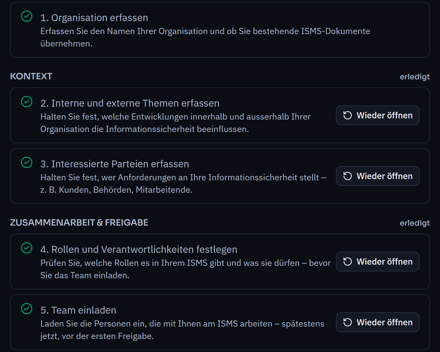 Setup assistant: the first five steps from “Record your organisation” to “Invite team”, grouped by topic and ticked off.