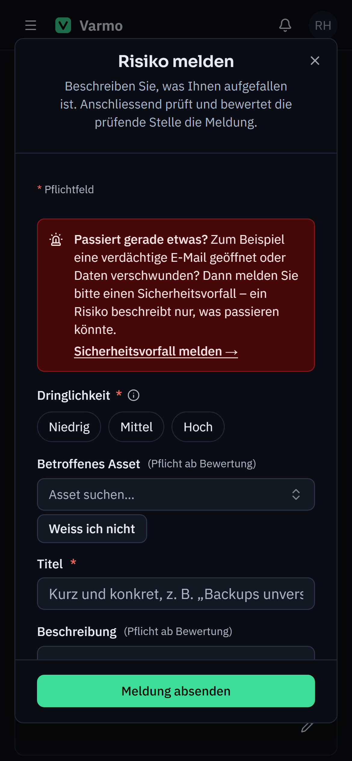 Form “Report risk” on a mobile phone with a note to report acute events as a security incident.