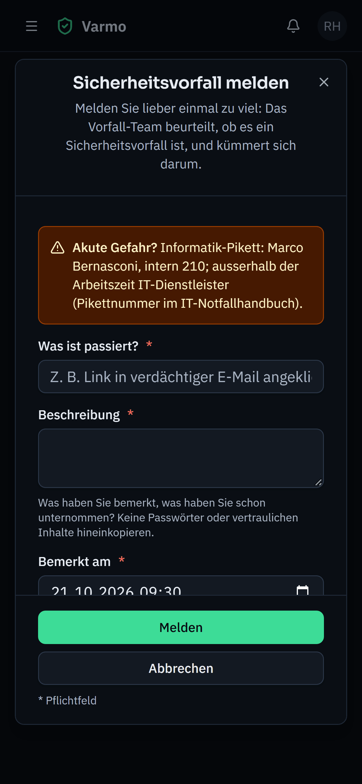 Formular „Sicherheitsvorfall melden“ auf dem Handy mit dem Notfallkontakt der Organisation.