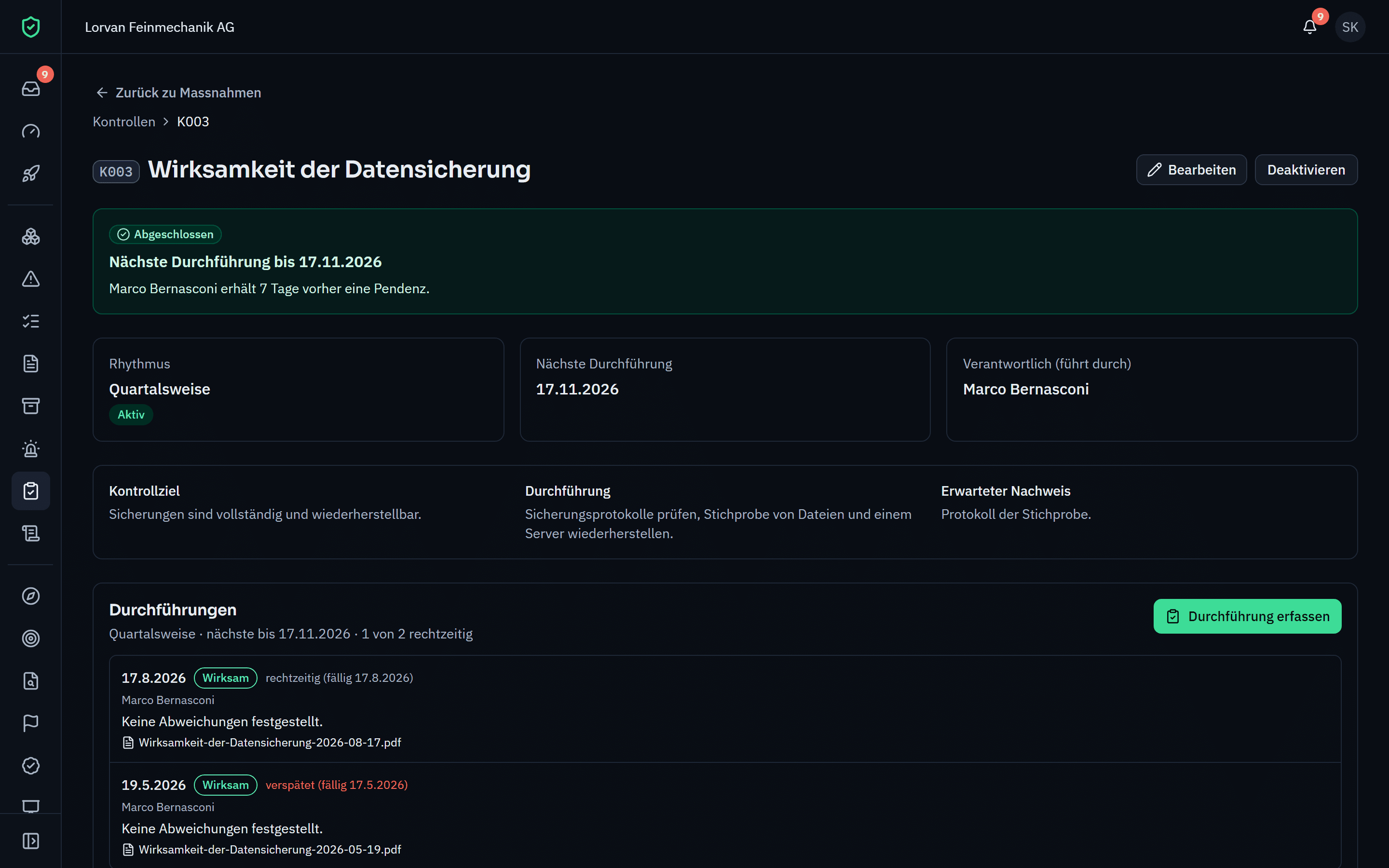 Interne Kontrolle „Wirksamkeit der Datensicherung“ mit Rhythmus und Durchführungen samt Ergebnis.