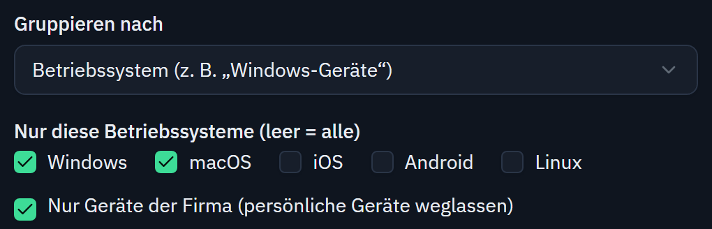 Import from Microsoft Intune, devices as groups: grouped by operating system, only Windows and macOS, only corporate devices.