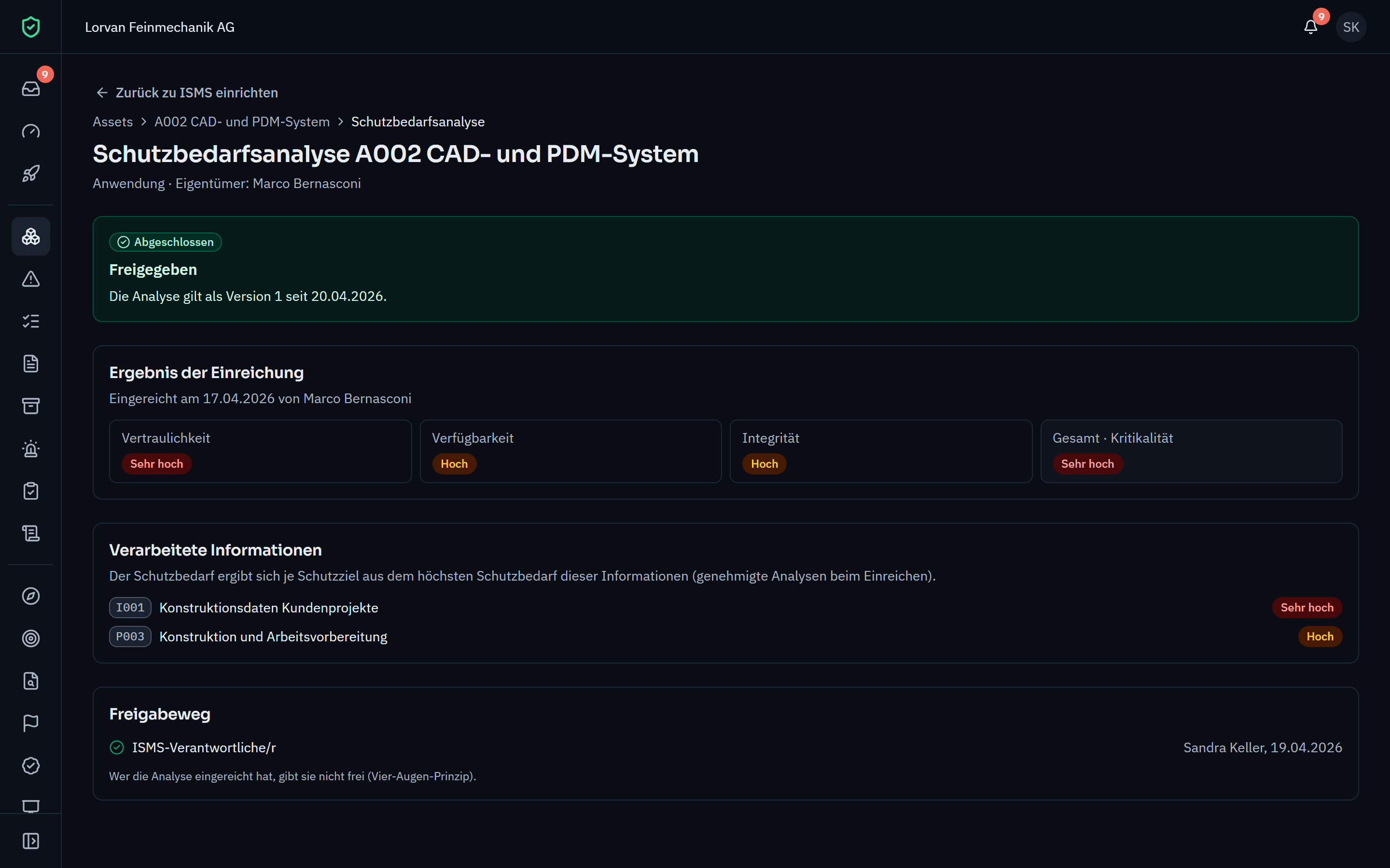 Schutzbedarfsanalyse des CAD- und PDM-Systems mit Vertraulichkeit, Integrität und Verfügbarkeit und Freigabeweg.