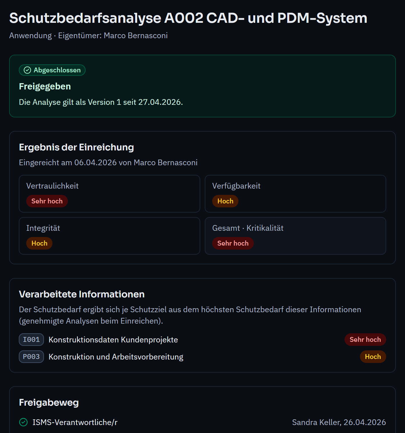 Schutzbedarfsanalyse des CAD- und PDM-Systems mit Vertraulichkeit, Integrität und Verfügbarkeit und Freigabeweg.