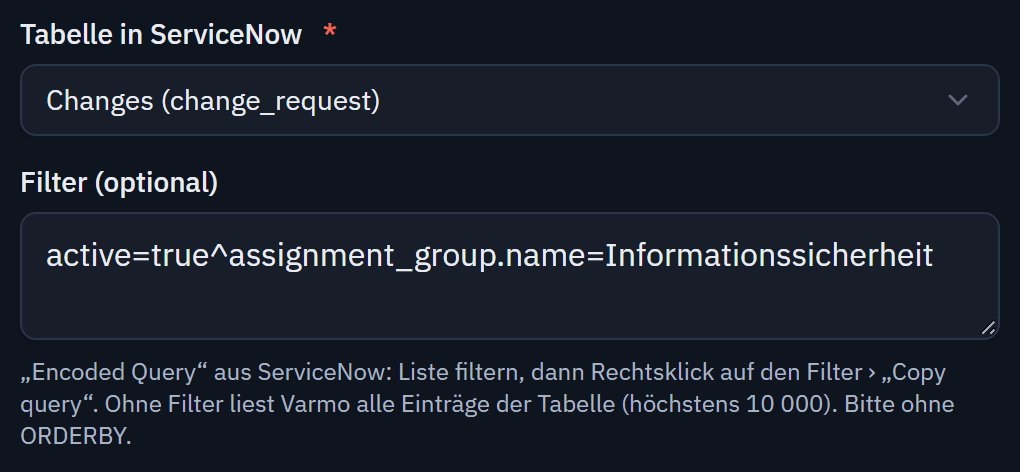 Import from ServiceNow, step “Source”: table “Changes (change_request)” and a filter as an encoded query, with a note on how to copy the query in ServiceNow.