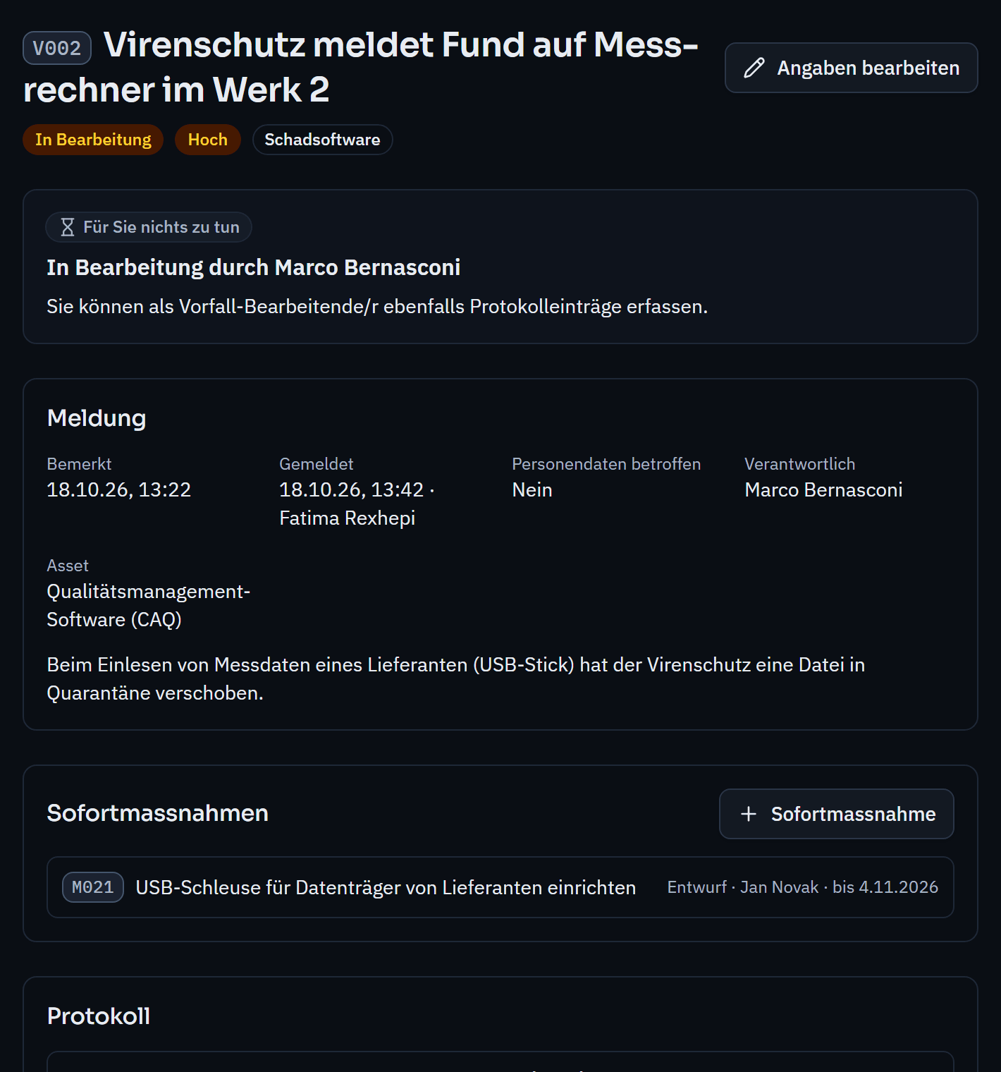 Sicherheitsvorfall „Virenschutz meldet Fund auf Messrechner“ in Bearbeitung, mit nächstem Schritt, Beurteilung und Protokoll.